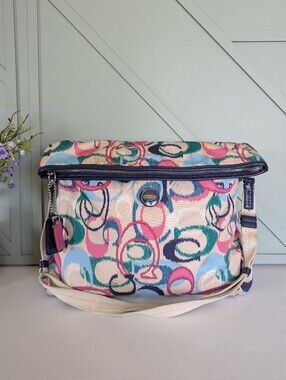 Coach Multicolor Teal Navy Pink Cream Crossbody Fold-Top Bag